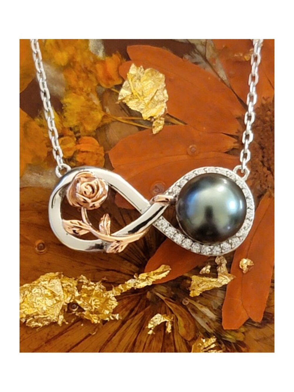 Black Pearl Infinity Rose Necklace Sterling Silver NWT